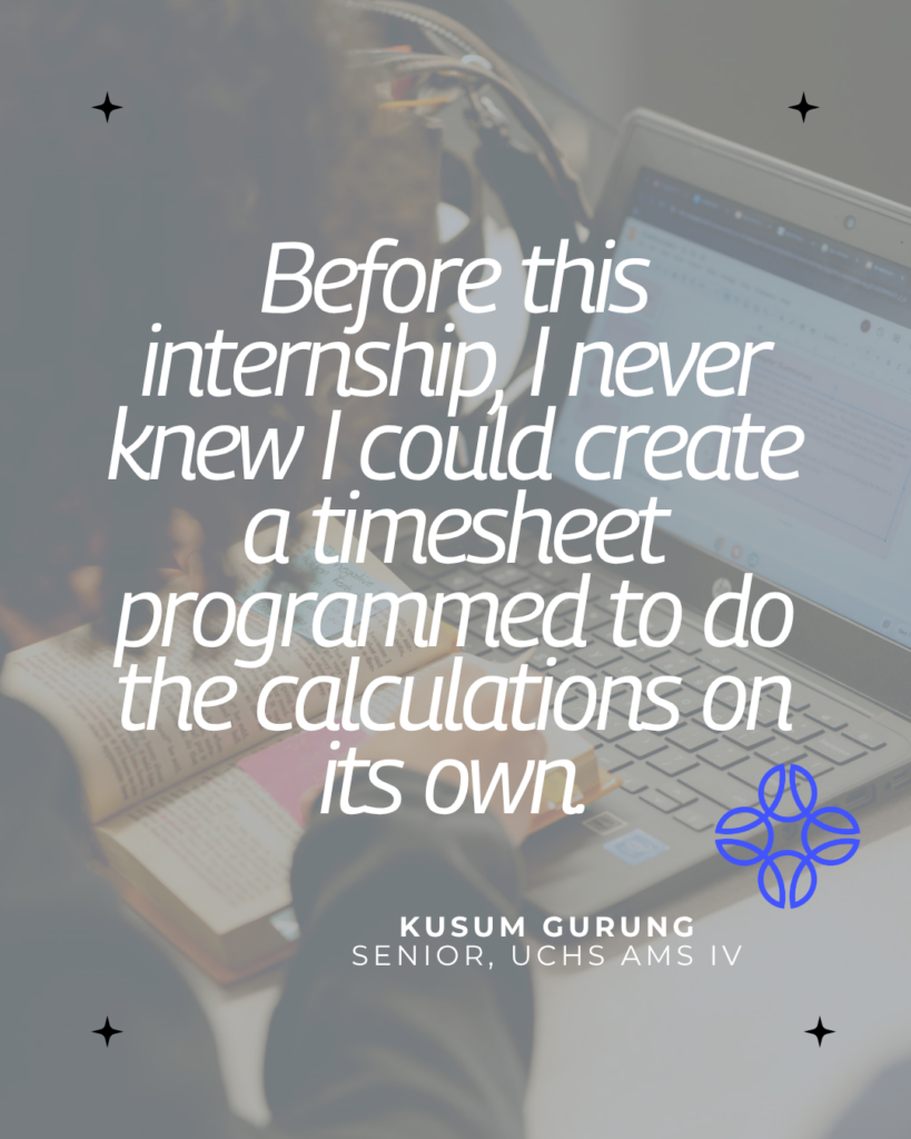 A person types on a laptop displaying a spreadsheet, with a quote about learning to create an automated timesheet during an internship overlaid on the image.