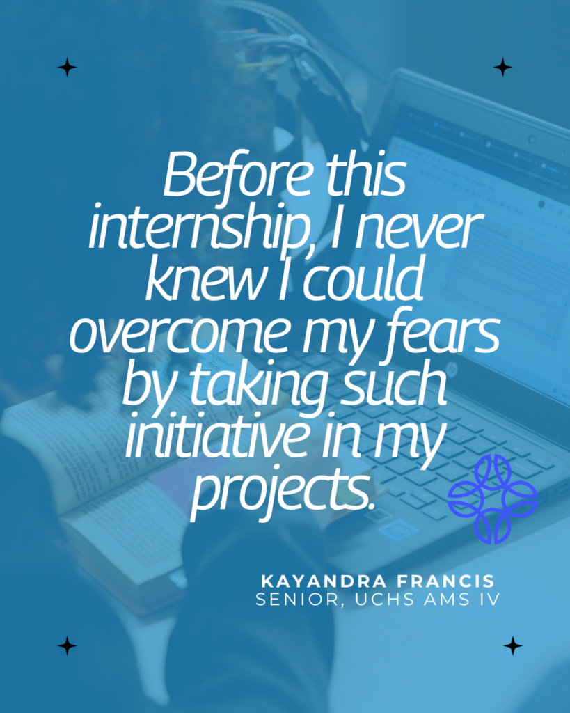 A person types on a laptop with a notebook nearby; overlaid text shares a quote about overcoming fears and taking initiative during an internship.