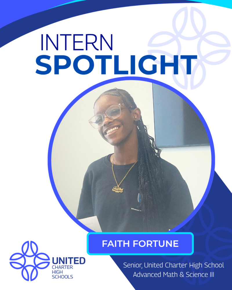 A smiling student from United Charter High School AMS III, Faith Fortune, is featured in an "Intern Spotlight" poster for United Charter High Schools, highlighting her as a senior in Advanced Math & Science III.