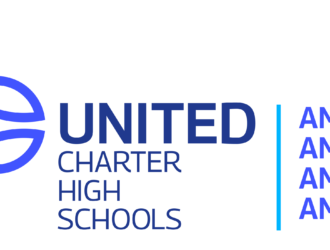 Logo for United Charter High Schools featuring a blue geometric design, the school name, and lists of programs: AMS I-IV and HUM I, HUM II, HUM IV.
