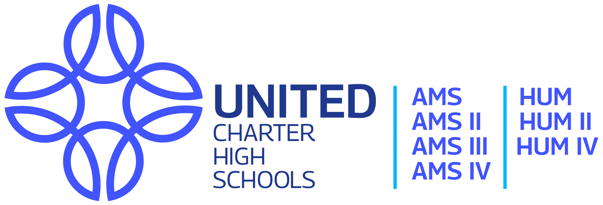 Logo for United Charter High Schools featuring a blue geometric design, the school name, and lists of programs: AMS I-IV and HUM I, HUM II, HUM IV.