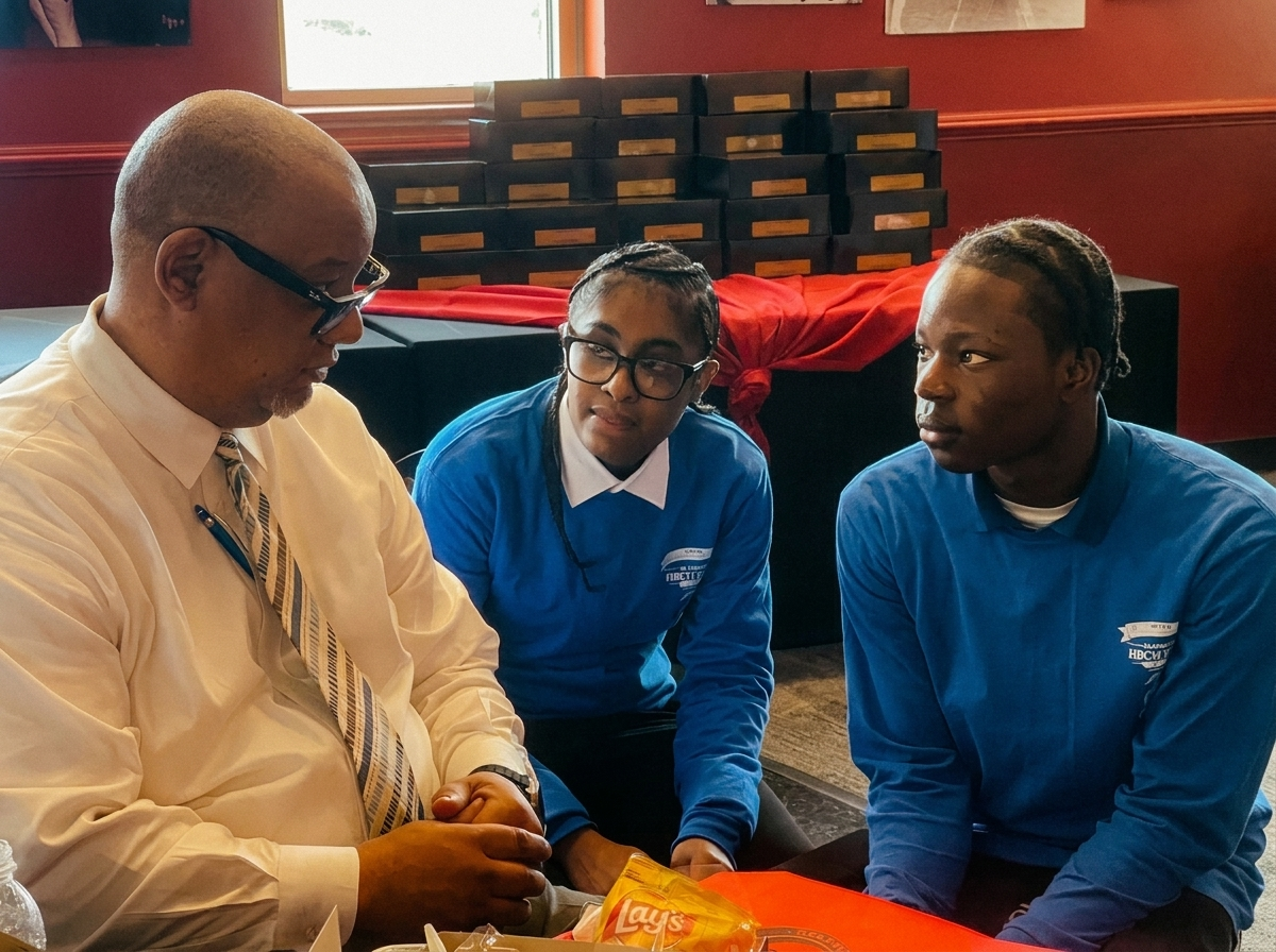 A UCHS mentor speaks with two scholars during an HBCU Tour event