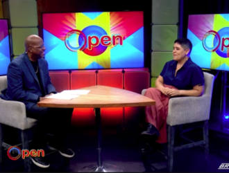 UCHS Director of Special Populations Angie Torres talks with host Dr. Daren Jaime on the set of BronxNet's OPEN.