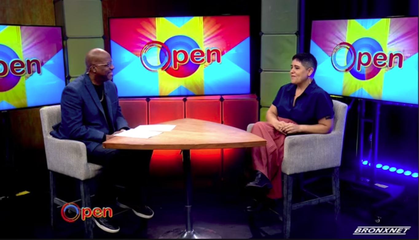 UCHS Director of Special Populations Angie Torres talks with host Dr. Daren Jaime on the set of BronxNet's OPEN.